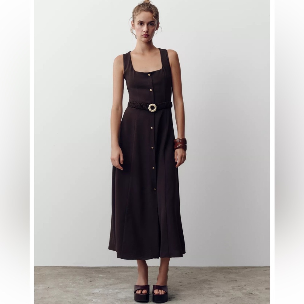 Zara Dark Brown Button-Down Belted Midi Dress